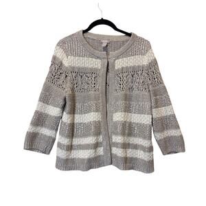Chico’s Size 1 Coastal Chic Textured Knit Cardigan Open Front Neutral Metallic